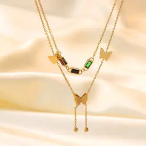 H1064【Colorful Crystals Butterfly Necklace Gold】