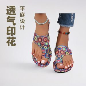 Wholesale Cross-border plus size ethnic style flat toe slippers 2025 summer new breathable printed Roman style foreign trade slippers