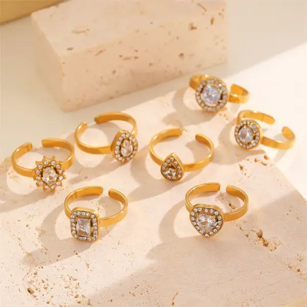 Wholesale Adjustable Open Stainless Steel Ring Geometric Heart Waterdrop Design White Pink Zirconia Embedded Fashionable Unisex Ring