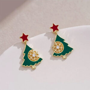Silver needle: red five stars + christmas tree snowflake earrings