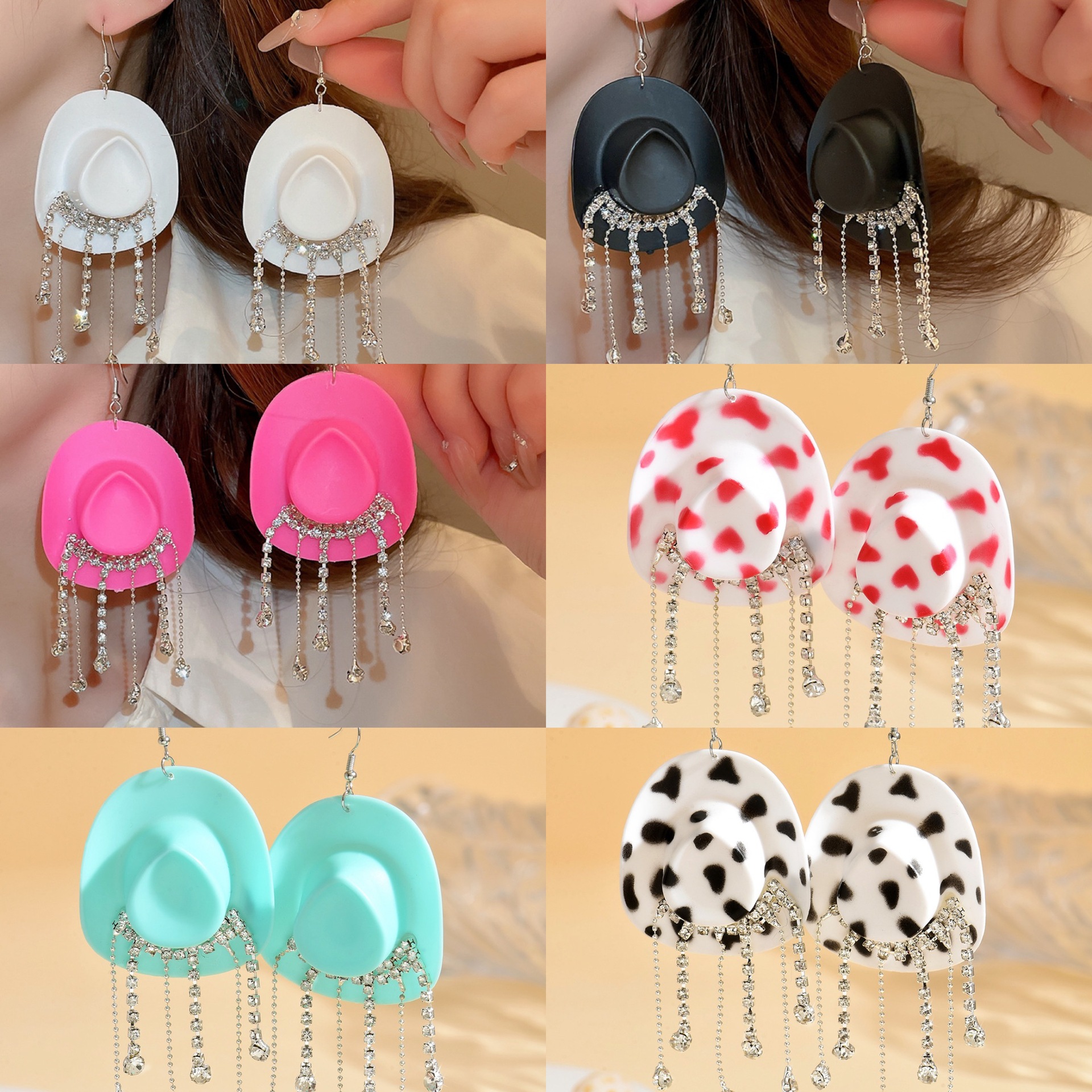 Wholesale European and American Exaerated Aessible Luxury Style Street Style Unique Rhinestone Earrings Creative Hip-Hop Cowboy Hat Diamond Tassel Ear