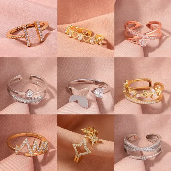 Wholesale Copper Leaf Crown Butterfly Zircon Open Rings