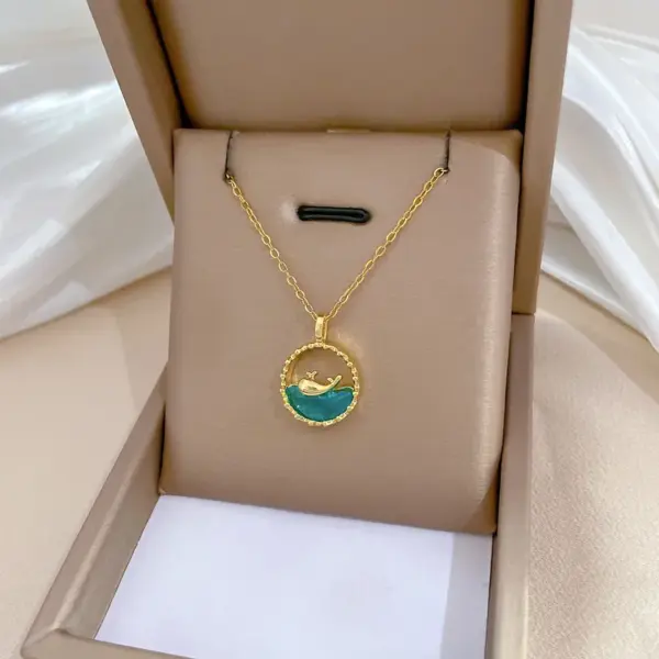 Wholesale Titanium Steel Copper Marine Style Beach Modern Style Inlay Ocean Whale Artificial Gemstones Pendant Necklace