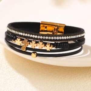 Wholesale Bohemian Four-Leaf Clover Diamond Layered Leather Magnetic Clover Bracelet