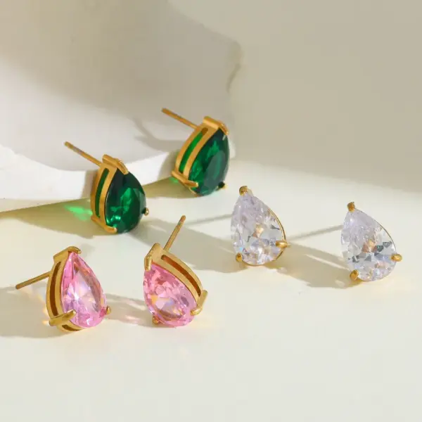 Wholesale 18K Gold Plated 304 Stainless Steel Vacuum Electroplating (In Furnace) Water Drop Zircon Earrings For Women