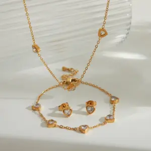 Wholesale Jewelry IG Style Basic Heart Shape Solid Color 304 Stainless Steel Zircon 18K Gold Plated Bracelets Jewelry Set