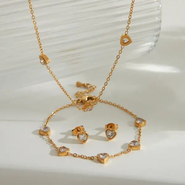 Wholesale Jewelry IG Style Basic Heart Shape Solid Color 304 Stainless Steel Zircon 18K Gold Plated Bracelets Jewelry Set