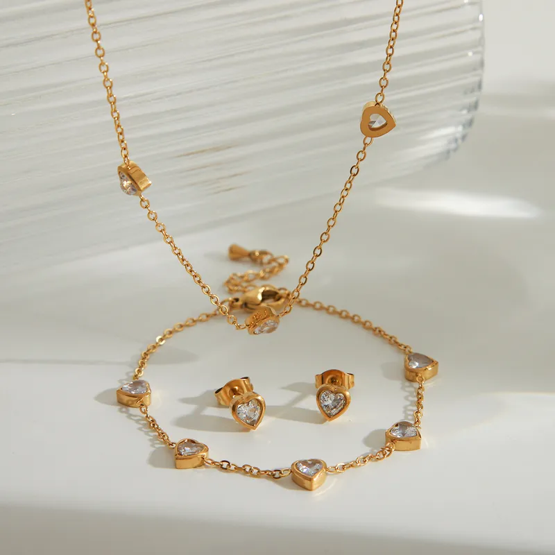 Wholesale Jewelry IG Style Basic Heart Shape Solid Color 304 Stainless Steel Zircon 18K Gold Plated Bracelets Jewelry Set
