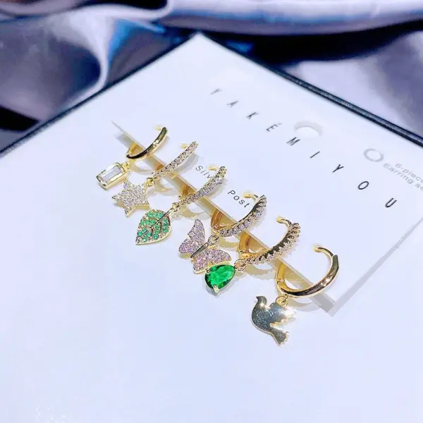 Copper 14K Gold Plated Cute Commute Inlay Pentagram Butterfly Bird Zircon Drop Earrings