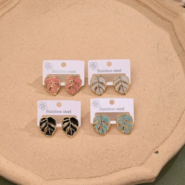 Wholesale 1 Pair/Package Casual Elegant Sweet Leaves Enamel Hollow Out 304 Stainless Steel Ear Studs