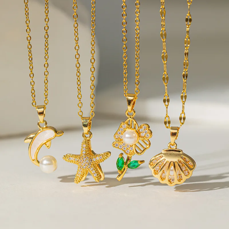 Wholesale 304 Stainless Steel 18K Gold Plated Casual Simple Style Commute lishing Inlay Starfish Dolphin Flower Acrylic Artificial Rhinestones Pearl P