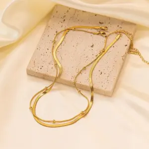 H211【Blade round Beads Necklace Gold】