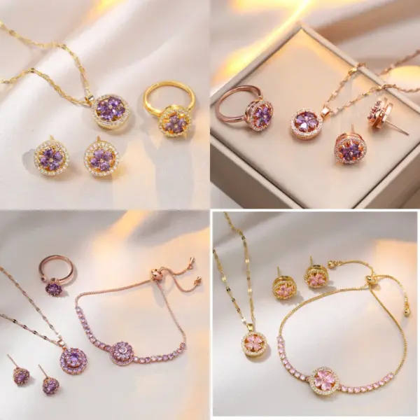 Wholesale Jewelry IG Style Shiny Flower Titanium Steel Zircon Inlay Rings Bracelets Necklace
