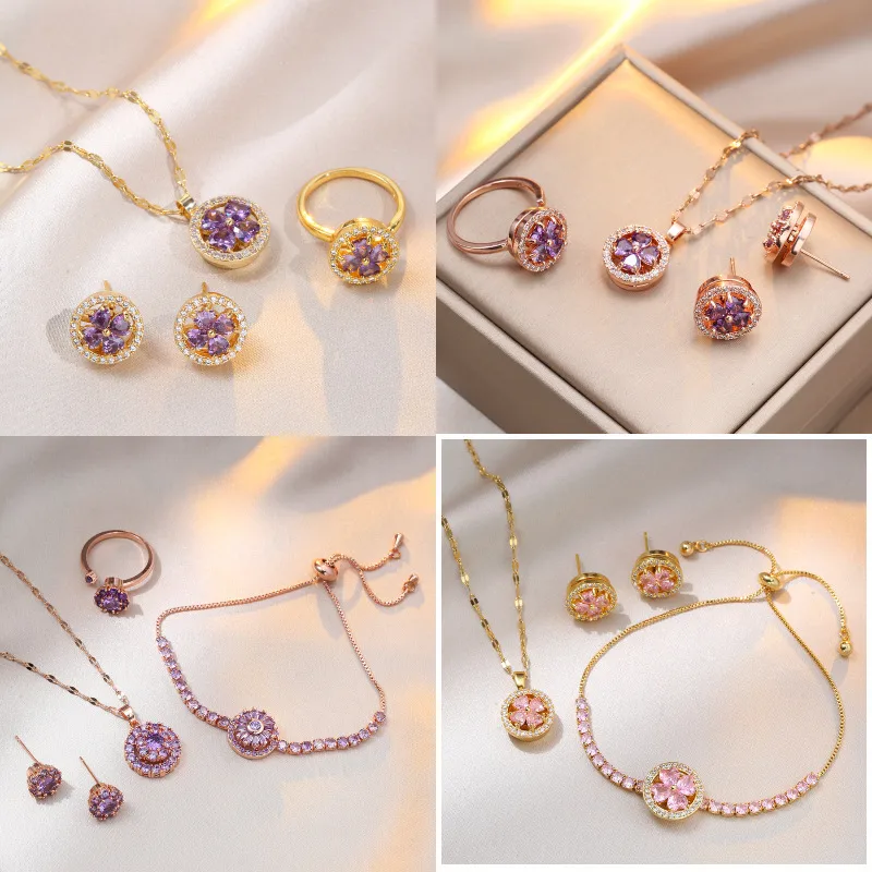 Wholesale Jewelry IG Style Shiny Flower Titanium Steel Zircon Inlay Rings Bracelets Necklace