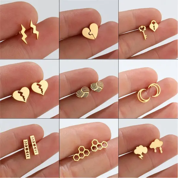 Wholesale PVD Coated 18K Gold Real Gold Plated Geometric 201 Stainless Steel Fashion Waterproof Non Tarnish Ear Studs