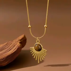 X0358-Fan-shaped Tiger Eye Stone-Necklace- Gold