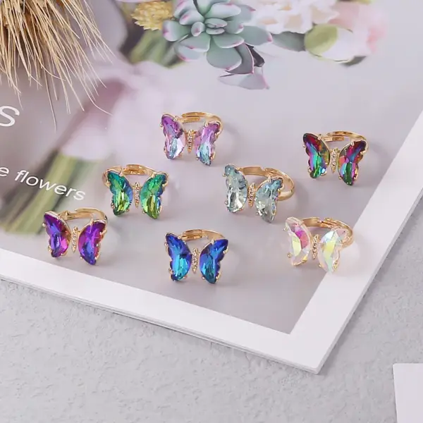 Wholesale Jewelry Fashion Insect Gradient Color Butterfly Copper Glass Adjustable Ring