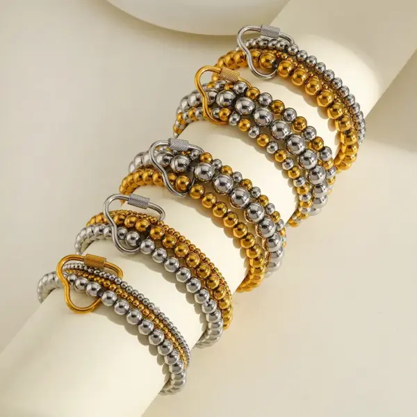 Wholesale Stainless Steel 18K Gold Plated Multi-Layer Beaded Elastic Rope Bracelet Casual Everyday Date Selfie Festival Geometric Heart Shape