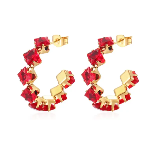 Wholesale 304 Stainless Steel C Shape Rhombus PVD Coated Zircon 18K Gold Plated IG Style Baroque Style Shiny Waterproof Non Tarnish Inlay Royal Blue Red Gold Ear Studs