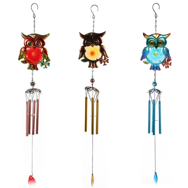 Wholesale Cross-Border Hot Selling Wind Chime Owl Iron Metal Hanging Ornaments Glass Painted Spray Paint Crafts Pendant Courtyard Garden