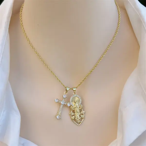 Wholesale Jewelry Retro Classic Style Cross Virgin Mary Copper Zircon 18K Gold Plated Pendant Necklace Ball Chain