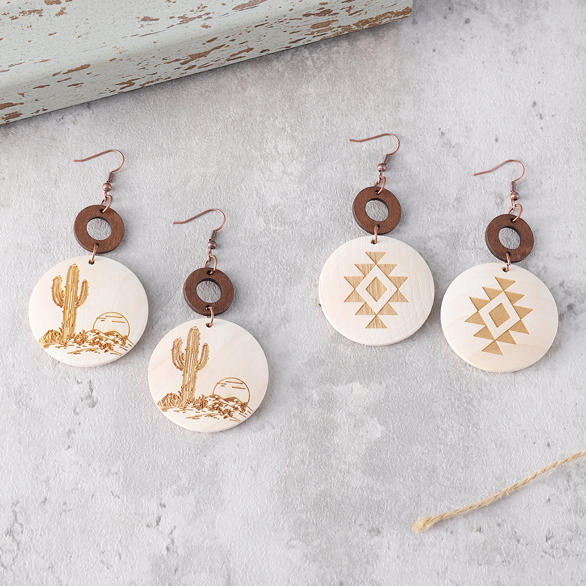 Wholesale Cross-border Bohemian Cactus Sun Aztec Pattern Wood Laser Disc ing Earrings