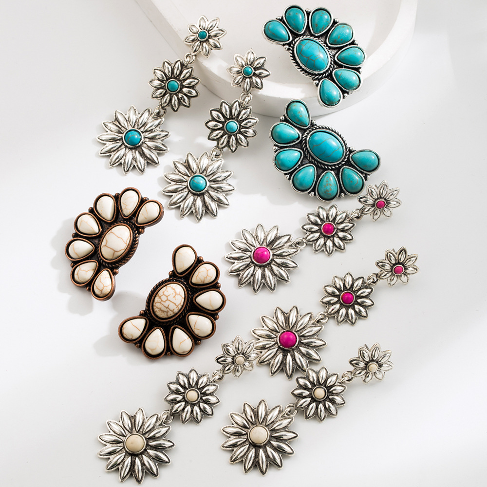 Wholesale Cross-border New Hot Artistic Retro Style Inlaid Turquoise Geometric Flower Tassel Earrings Personalized Fashion Earrings
