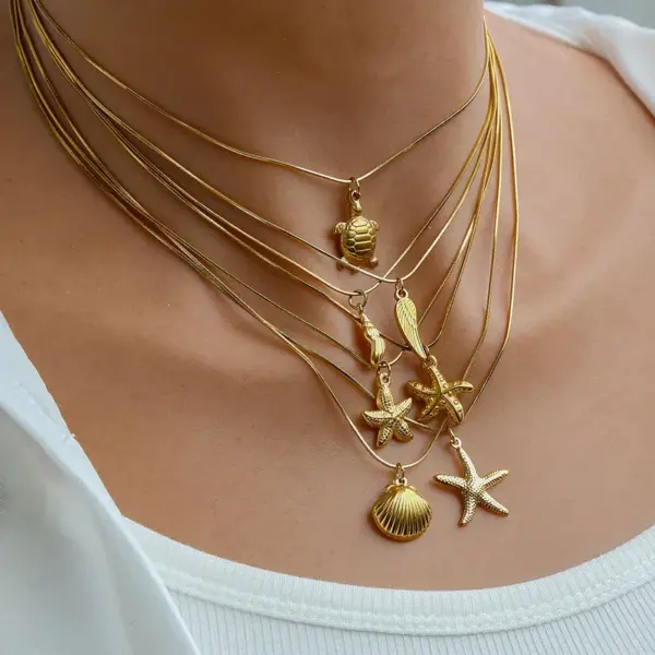 Wholesale Jewelry Exaggerated Beach Starfish Conch Shell 304 Stainless Steel Snake Chain Pendant Necklace