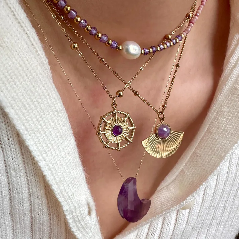 Wholesale Simple Style Moon Natural Stone Titanium Steel 14K Gold Plated Necklace In Bulk