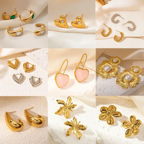 Wholesale 1 Set 1 Pair IG Style Geometric Heart Shape Flower Inlay Titanium Steel Rhinestones Pearl Drop Earrings Ear Studs