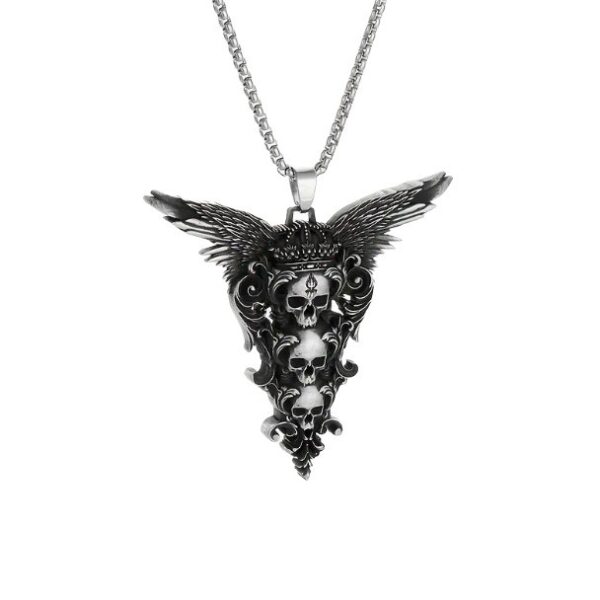 oly-a198a59d6abaa2acc6243dfe411d798a Wholesale Gothic Three Skull Crown and Wings Pendant Necklace, Vintage Horror Inspired Design, Ethnic Jewelry for Men and Women