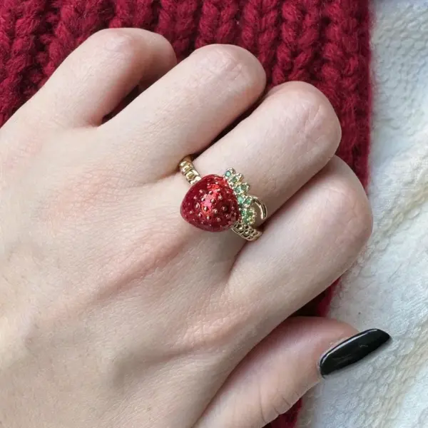 Wholesale Jewelry Cute Vintage Style Cherry Strawberry Brass Zircon 18K Gold Plated Open Rings