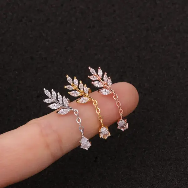 316L Stainless Steel Copper Zircon Ear Cartilage Rings & Studs Leaf Waterproof Non Tarnish Surgical Steel