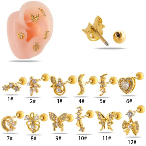 Wholesale 1 Piece Ear Cartilage Rings & Studs IG Style Simple Style Korean Style Heart Shape Butterfly Bow Knot Copper Waterproof Non Tarnish Surgical Steel Zircon