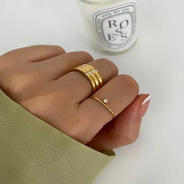 Wholesale 304 Stainless Steel Geometric PVD Coated Zircon Real Gold Plated Nordic Style Romantic Simple Style Waterproof Non Tarnish Surgical Steel Plating Gold Rings