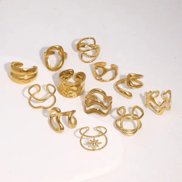 Wholesale Minimalist 304 Stainless Steel Open Ring Geometric Lines Minimalist Cold Style 18K Gold Plated Vacuum Electroplating Waterproof Non-Fading Eight-Pointed Star Oval Titanium Steel Ring For Women