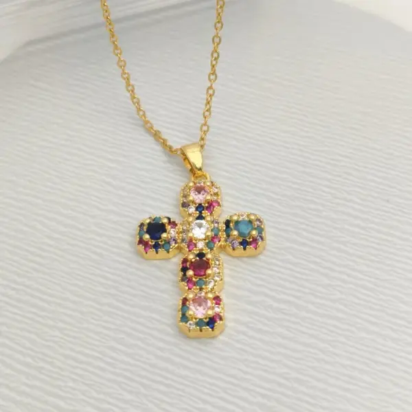 Wholesale Jewelry Commute Cross 201 Stainless Steel Glass Zircon Gold Plated Silver Plated Inlay Stainless Steel Necklaces