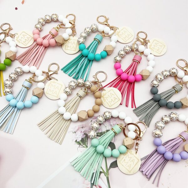 Wholesale Silicone Beads Tassel Wood Beads Wrist Keychain