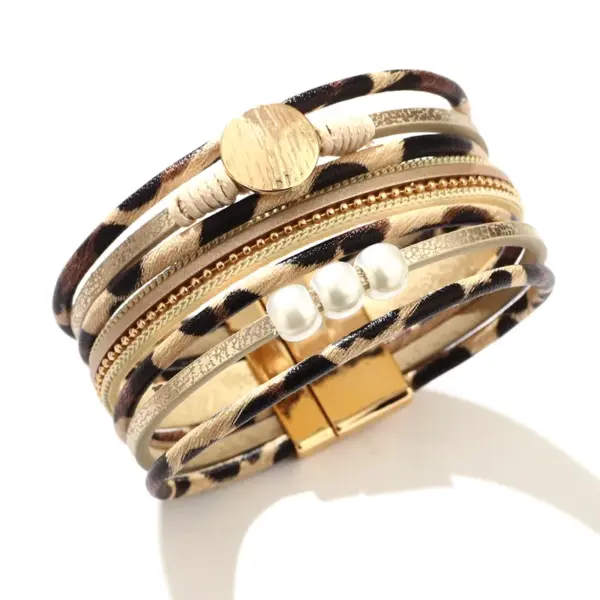 Bohemian Leopard Pu Leather Alloy Beaded Buckle Artificial Pearls Gold Plated Sier Plated Women's Bracelets