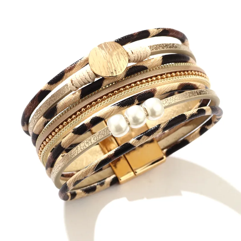 Wholesale Bohemian Leopard Pu Leather Alloy Beaded Buckle Artificial Pearls Gold Plated Sier Plated Women's Bracelets