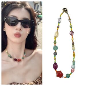 Wholesale Explosive Star Necklace Color Ethnic Style Dopamine Glaze Beaded Women's New Chinese Style Retro Design Collarbone Necklace Chain