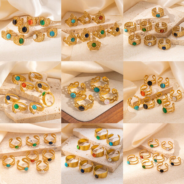 Wholesale French High-End Titanium Steel Ring Multi-Color Natural Stone Retro Elegant Stainless Steel Live Mouth Adjustable Ring for Women