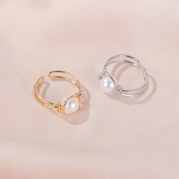 Wholesale Korean Pearl Copper Rings Sweet Simple Pearl Ring Knotted Mouth Ring Ladies Index Finger Ring Wholesale Nihaojewelry