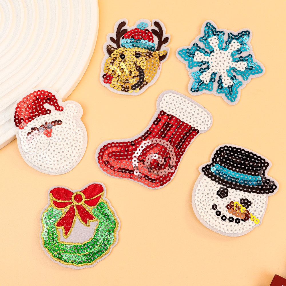 Wholesale Glittering sequined fabric patch badges, , snowflakes, reindeer, Christmas stocking pattern