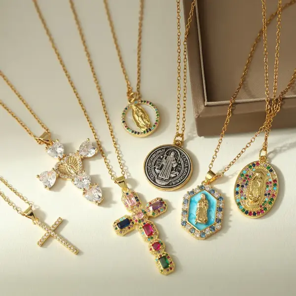 PVD Coated Real Gold Plated Cross Virgin Mary Heart Shape 304 Stainless Steel Retro Commute Waterproof Non Tarnish 304 Stainless Steel Lobster Trigger Clasp Closure Pendant Necklace