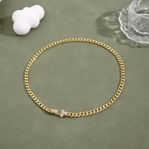 Cylindrical Zircon Cuban Link Chain Necklace (Gold)【String Length: 450mm】 / 1 Strand/Package