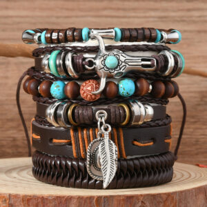 Wholesale Cross-border New Products European and American Retro Style Cowboy Hat Feather Niutou Multi-layer Stretch Rope Handmade Men's Leather Bracelet