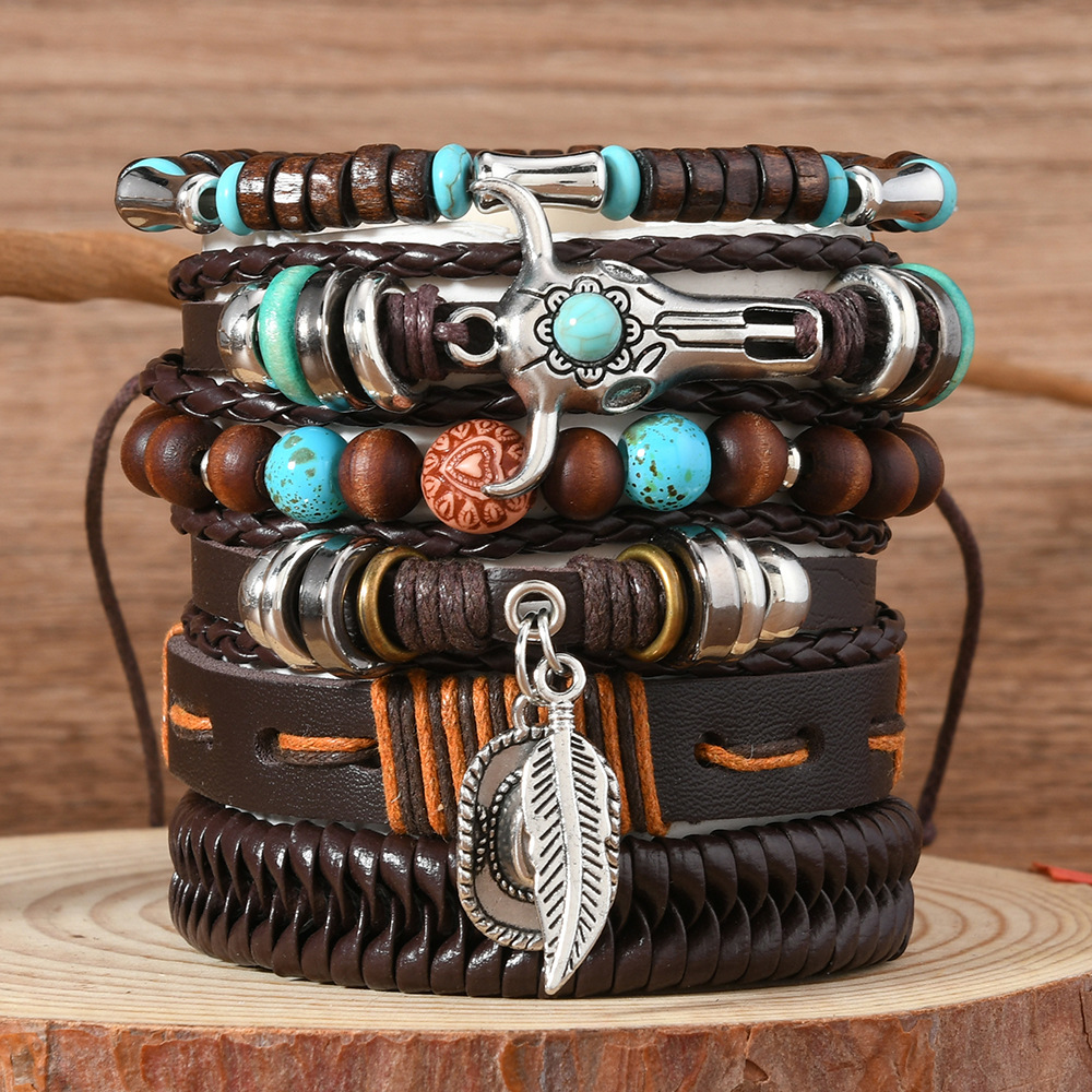 Wholesale Cross-border New Products European and American Retro Style Cowboy Hat Feather Niutou Multi-layer Stretch Rope Handmade Men's Leather Bracel