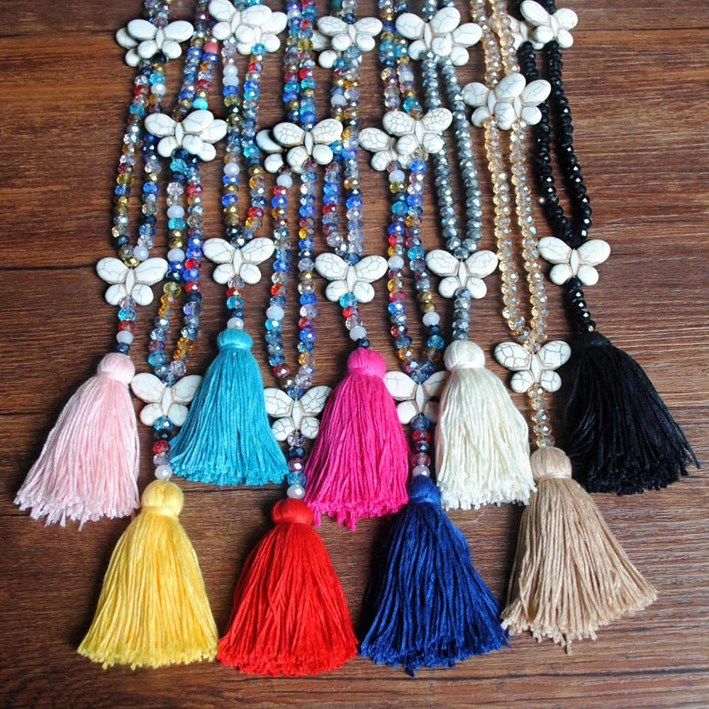 Wholesale Cross-Border Shein Colorful Crystal Necklace Women's Long Autumn and Winter Sweater Chain White Turquoise Butterfly Necklace Jewelry