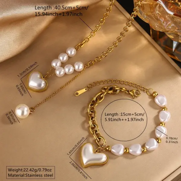 304 Stainless Steel Plastic Heart Shape Ion Plating (IP) 18K Gold Plated Elegant Waterproof Non Tarnish Beaded Pearl Regular Chain Gold Bracelets Necklace Jewelry Set